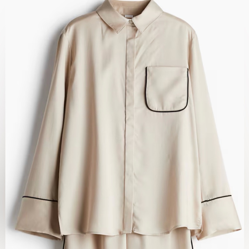 H&M Cream Silk-Feel Button-Up Pajama Blouse with Contrast Piping, Size Medium